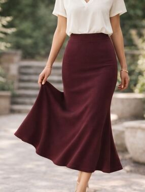 OGL Soft Stretch Mermaid Midi Skirt Pull-On Flare Hem Capsule Wardrobe Burgundy